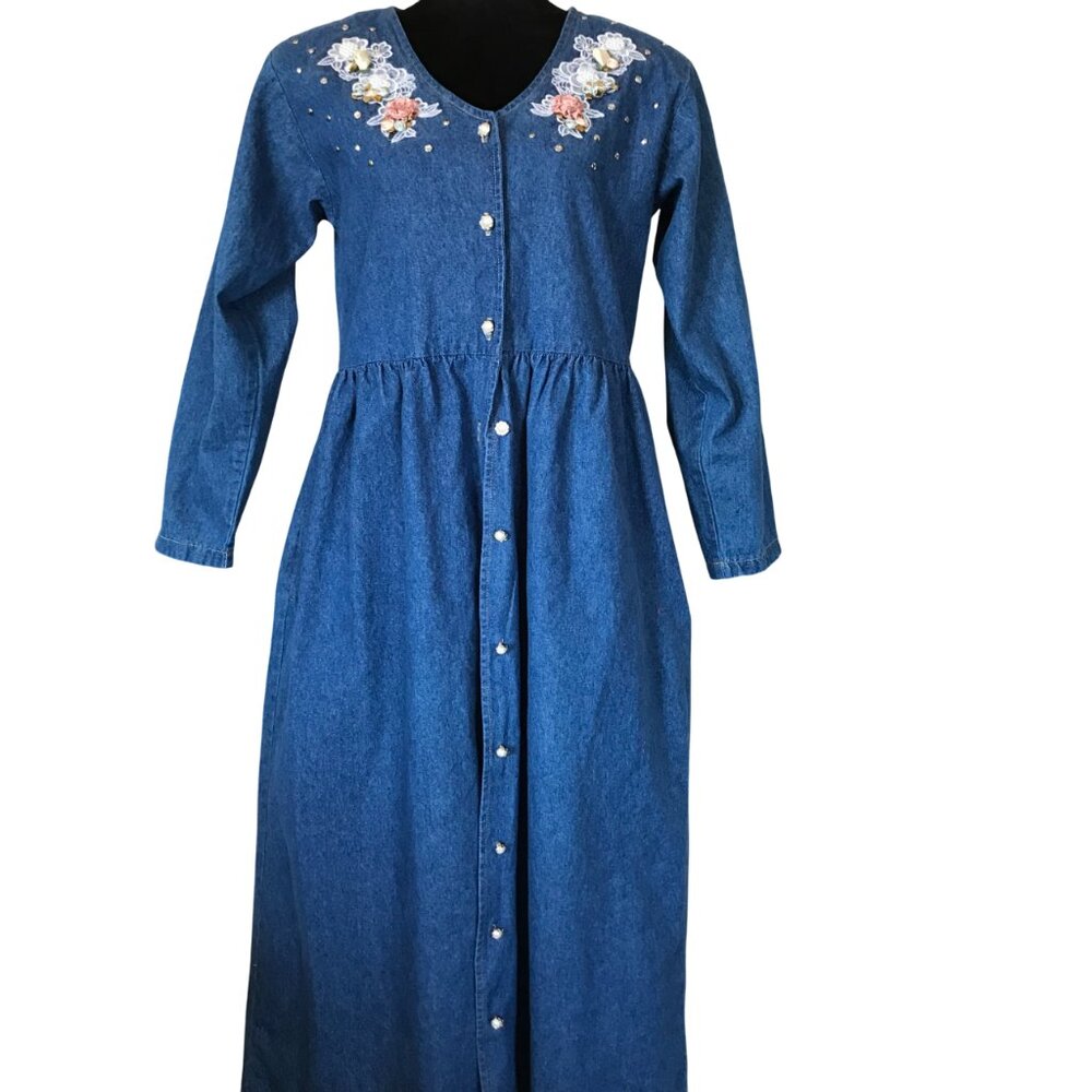 Miss & Mrs. 80s Denim Dress Ribbon Flower & Bead Embellished Jean Dress S - M